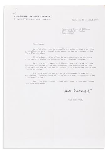 DUBUFFET, JEAN. Two Typed Letters Signed, each to Sewell Sillman and Norman Ives of the publishing house Ives-Sillman Inc., in French,